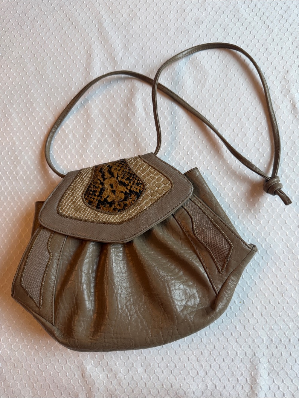 Taupe Shoulder Bag with Snake-Print Accent